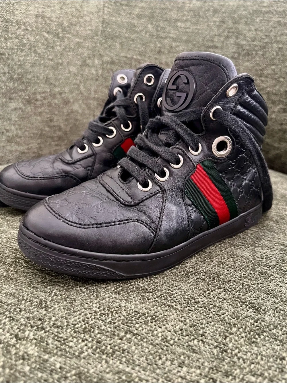 Gucci Boys Black High Top Sneakers GG Guccissima Web size 29 Stripe Lace Up